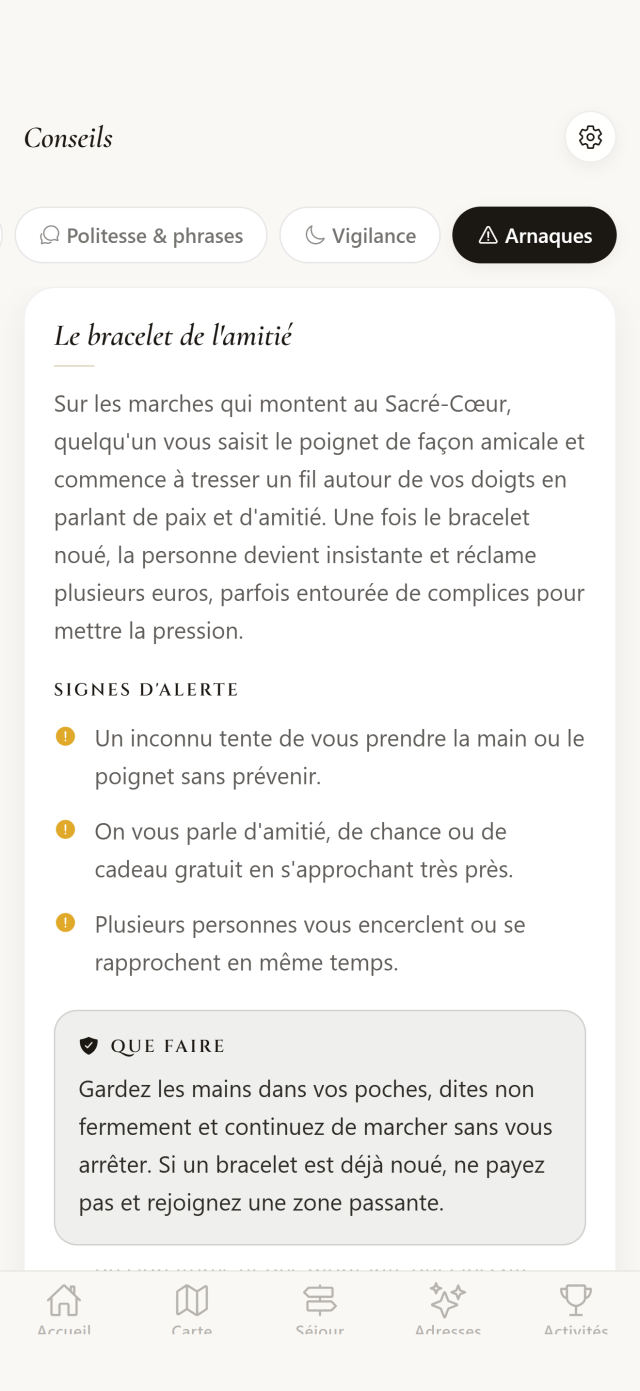 L’écran des conseils de l’app, rubrique Arnaques
