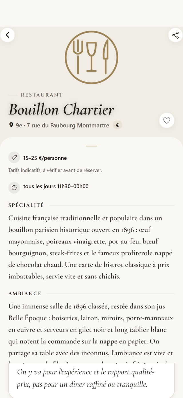 La fiche d’un restaurant dans l’app